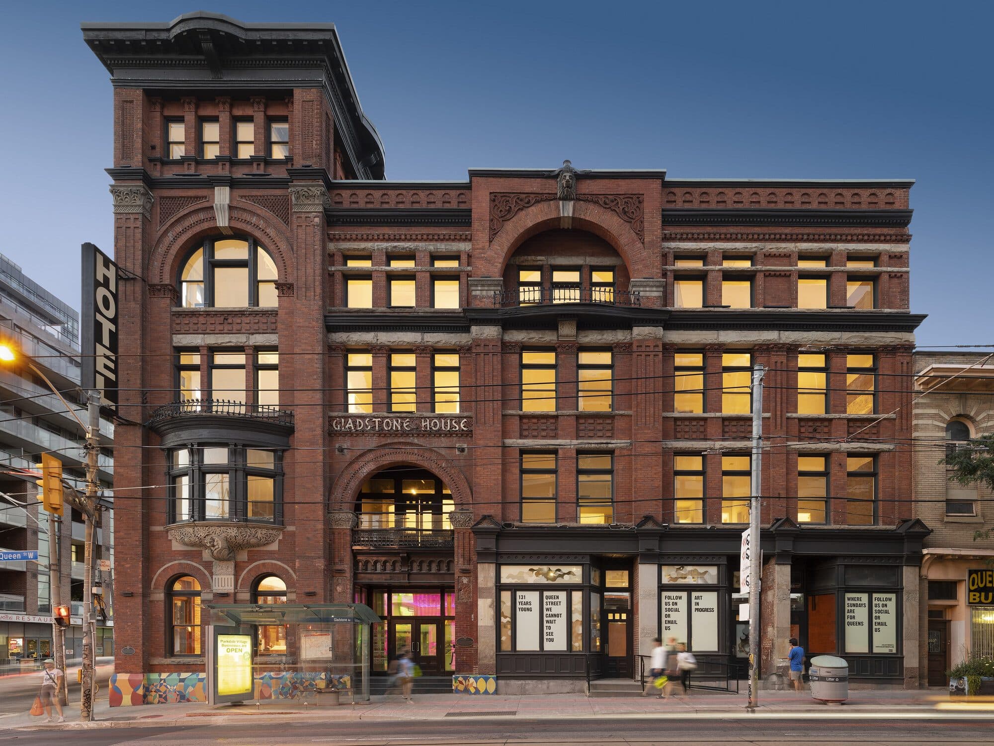 Gladstone House on Queen Street West at dusk